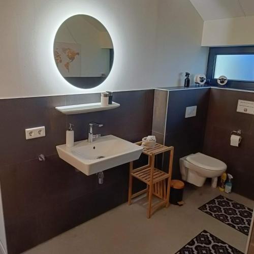 a bathroom with a sink and a toilet and a mirror at Natuurlijk leuk in Sterksel