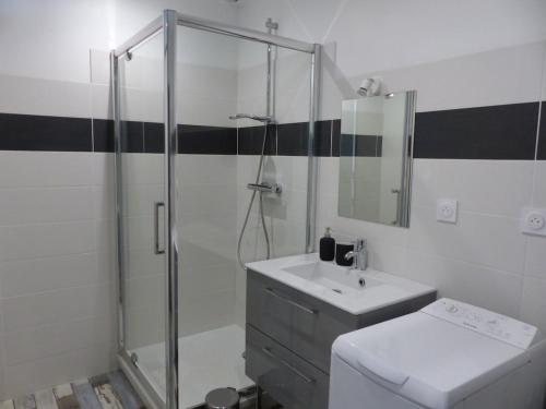 une salle de bain avec douche, lavabo et toilettes dans l'établissement Appartement cozy, à Pleine-Fougères