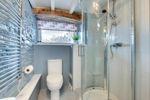 a bathroom with a toilet and a glass shower at Bovey Cottage in Broadhempston