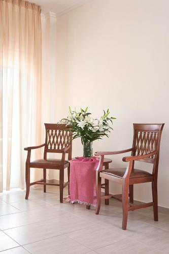 a dining room table with two chairs and a potted plant at Stratos Hotel in Afitos
