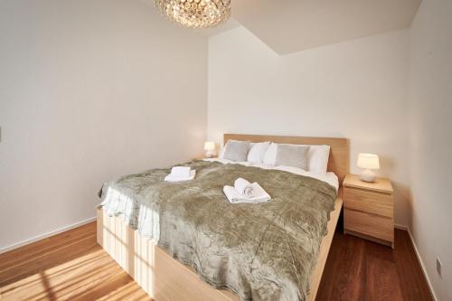 Ένα ή περισσότερα κρεβάτια σε δωμάτιο στο Bern 4, Modern City Apartment Bern, big privat terrace