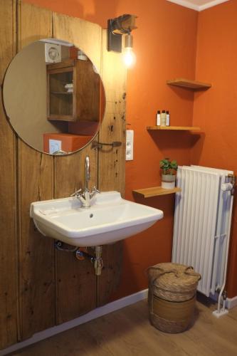 a bathroom with a sink and a mirror and a radiator at Au Petit Bercail - 2 Chambres d'hôtes pour 2 personnes in Chiny