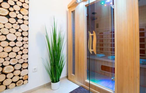 Eine Dusche mit Glastür neben einem Holzstapel. in der Unterkunft Luxury villa with a swimming pool Novigrad - 18339 in Novigrad