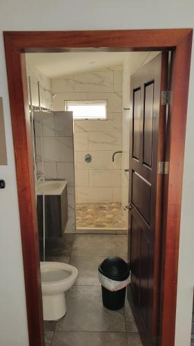 a bathroom with a shower and a toilet and a sink at Casa Boa Casita in La Abuela