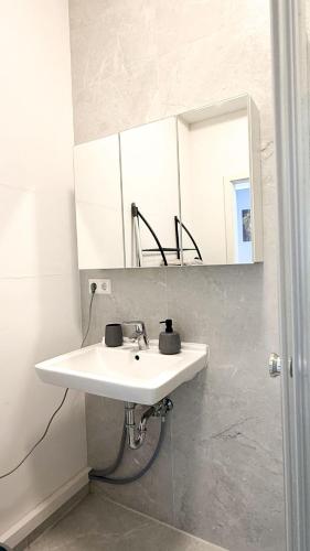 a bathroom with a white sink and a mirror at Meyben Apartment Mannheim Küche, TV, Waschmachine in MHG