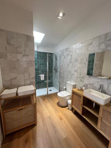 a bathroom with a toilet and a sink and a shower at HOTEL CASAS DA FORTALEZA Casa da Solaina in Outeiro de Rei