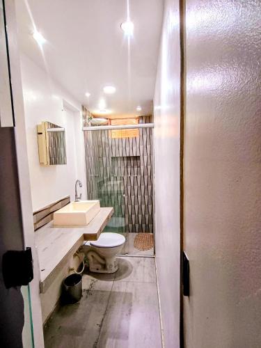a bathroom with a toilet and a sink and a shower at Apto inteiro 3 quartos, sendo duas suítes in Belém