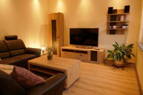 a living room with a couch and a television at Suite Am Radweg in Pittenbach