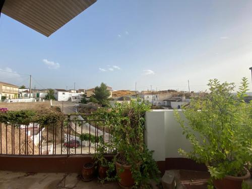 a balcony with plants and a view of a street at Las cuevas de María in Bácor