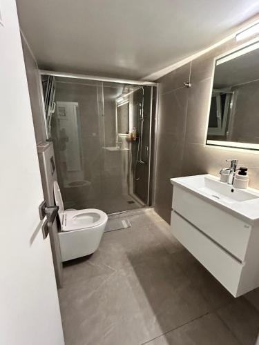 a bathroom with a shower and a toilet and a sink at SynPiraeus Apartments & Studios in Piraeus