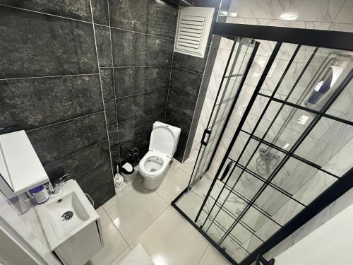 een badkamer met douche, toilet en wastafel bij Royal Suit in Bandırma