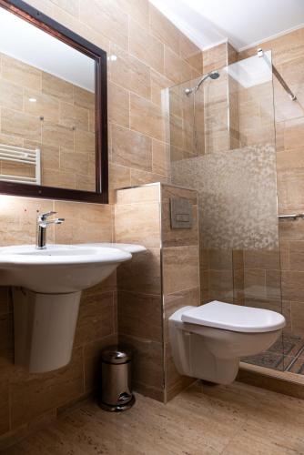 a bathroom with a sink and a toilet and a shower at Pensiunea Vis Braila in Vărsătura