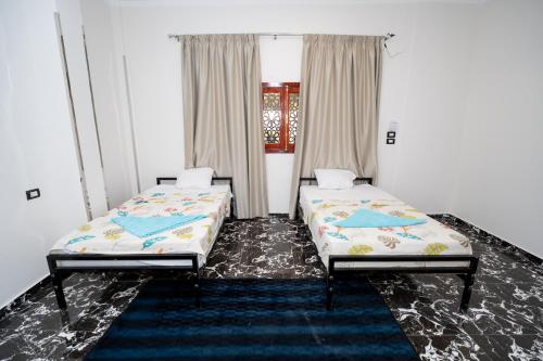 two twin beds in a room with two windows at Gentians Freedom House in Luxor