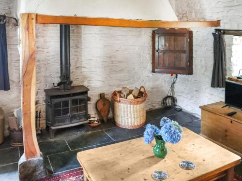 Cette chambre dispose d'un poêle à bois et d'une table. dans l'établissement Thatched Cottage - Uk50261, à Llandeilo