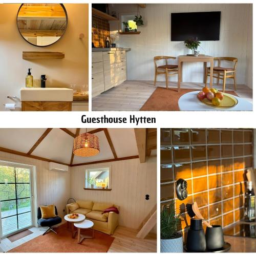 a collage of photos of a living room and a guest house kitchen at Hällesdalens Gård - semesterhus i Bohuslän in Svenshögen