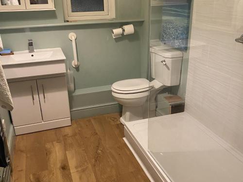a bathroom with a toilet and a sink at Seaspray in St Bees