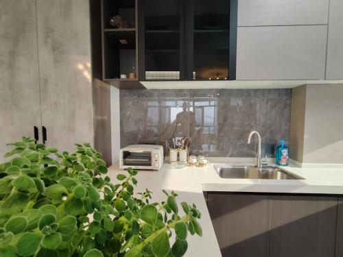una cocina con fregadero y encimera en Central Avenue Luxury River View Apartment, en Harbin