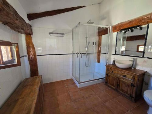 a bathroom with a glass shower and a sink at Casa La Fuencisla in Castiltierra