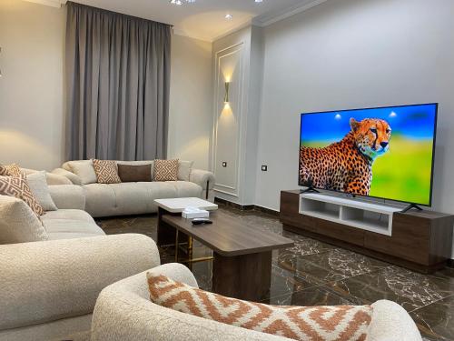 カイロにあるGrand Luxury Apartments - Downtown Cairoの大きなテレビとソファのあるリビングルーム