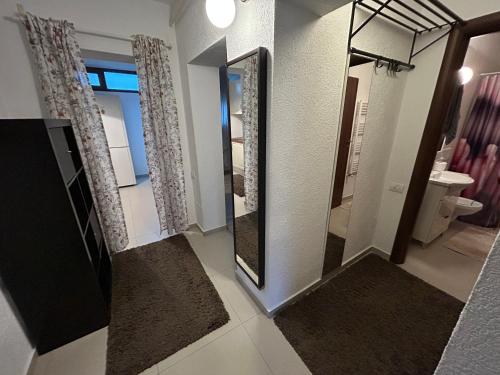 a bathroom with mirrors and rugs in a room at Villa Apartments in Craiova