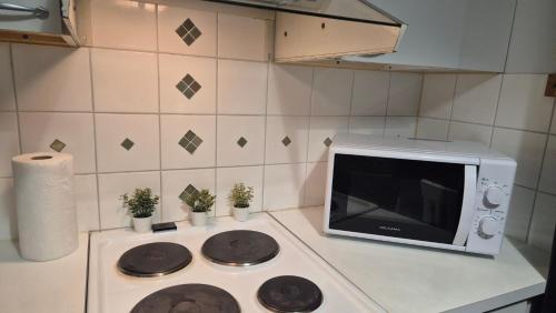 a microwave sitting on top of a stove in a kitchen at Studio at Tottinkatu in Savonlinna