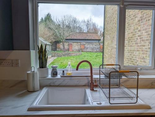 CBGにあるSpacious Family Retreat -sleeps 10-12の窓の景色を望むキッチンシンク