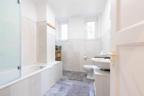 une salle de bains blanche avec toilettes et lavabo dans l'établissement Altbauwohnung in Mayen im Grünen, à Mayen