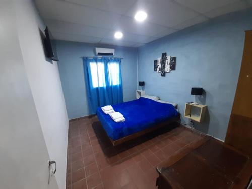 ein blaues Schlafzimmer mit einem Bett und einem Fenster in der Unterkunft Flor del Alba in San Salvador de Jujuy