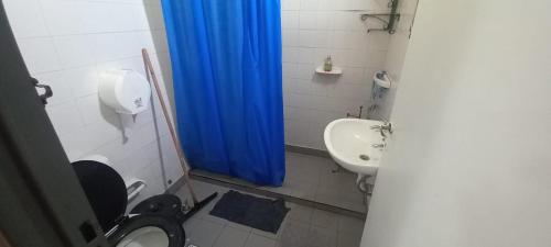 ein Badezimmer mit einem WC und einem Waschbecken mit einem blauen Duschvorhang in der Unterkunft Flor del Alba in San Salvador de Jujuy