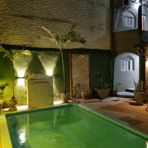 a swimming pool in a room with potted plants at Pousada Mar e Sol in Pipa