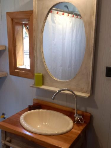 a bathroom sink with a large mirror above it at Casa de Campo Meliquina in Lago Meliquina