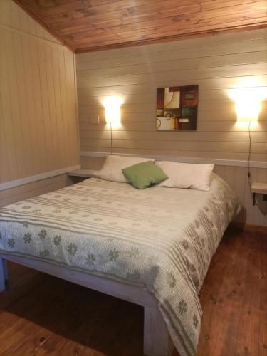 a bedroom with a bed with two lights on the wall at Casa de Campo Meliquina in Lago Meliquina