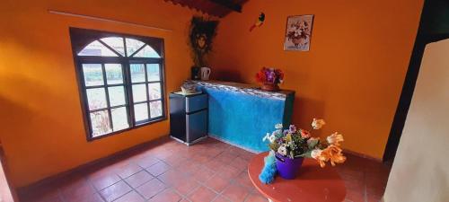 a kitchen with orange walls and a counter with flowers at Cabañas DondeJosé in Valle de Anton