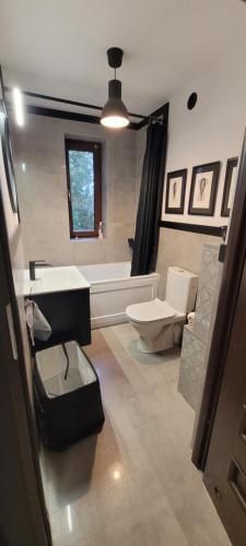 a bathroom with a tub and a toilet and a sink at Apartament Szpilka - domek in Police