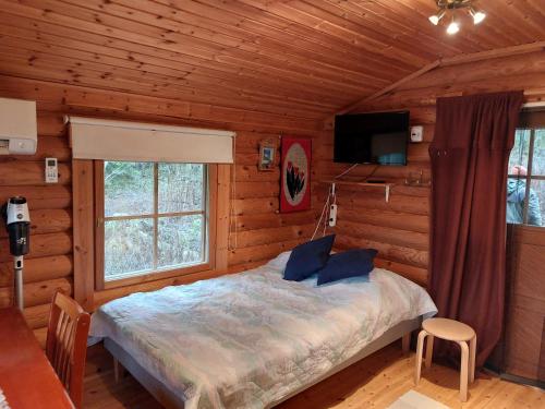 een slaapkamer met een bed in een blokhut bij Suviranta in Jyväskylä