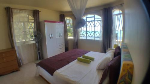 马埃堡Mahebourg Paradise Residence的一间带一张大床和两扇窗户的卧室