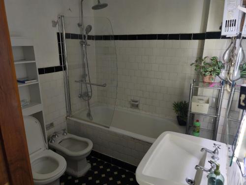 a bathroom with a toilet and a tub and a sink at A pasos de la playa in Algarrobo