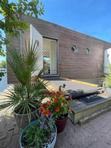 a house with two potted plants on a patio at Newly renovated houseboat The Waterhouse in Amsterdam