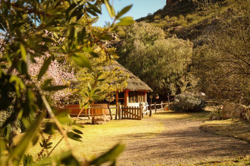 een kleine hut met een rieten dak in een veld bij Hunuc Huar PR in San Rafael