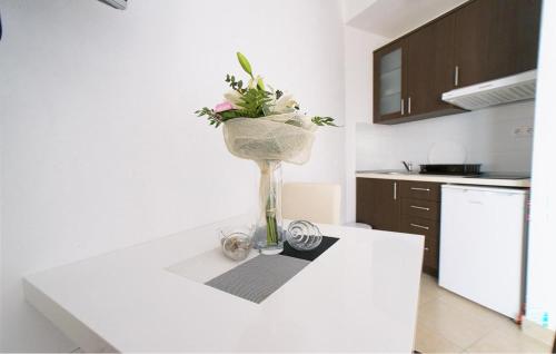 a white kitchen with a vase of flowers on a counter at Cozy Apartment In Sreser With Wifi in Sreser