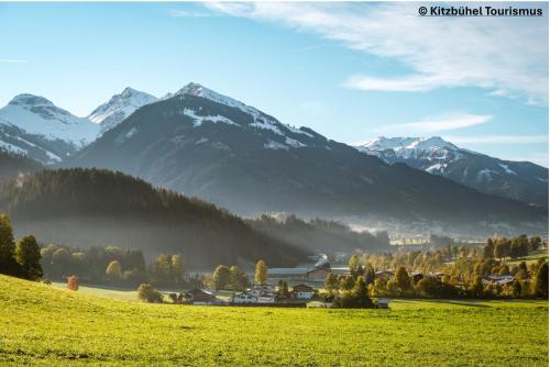 a green field with mountains in the background at Löw Chalet Suite 3 in the heart of Kitzbühel by 360 Estates in Kitzbühel