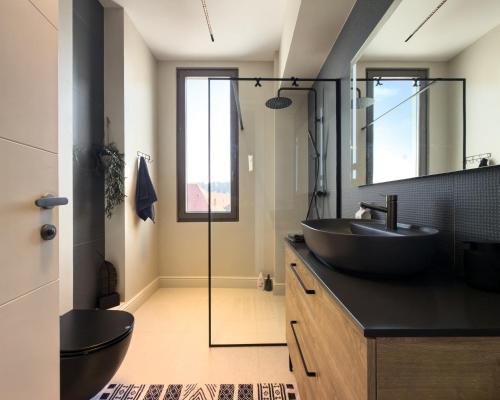 a bathroom with a black sink and a mirror at Continental Apartment Unirii in Cluj-Napoca