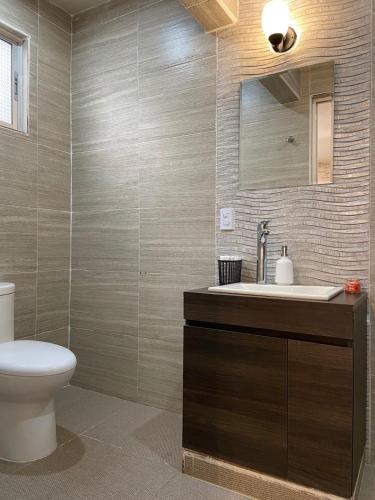 Un baño con inodoro, lavabo y espejo. en Departamento Bonito cama Queen, con acceso privado, en Ramos Arizpe