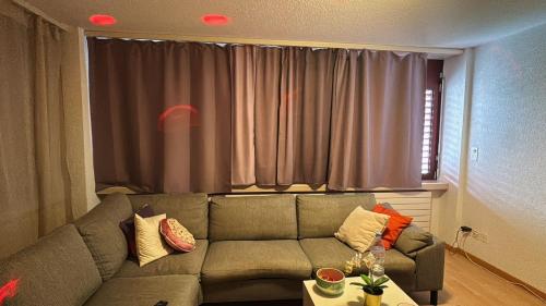 a living room with a couch in front of a window at Apartamento en el centro de rorschach in Rorschach