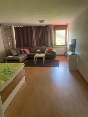 a living room with a couch and a table at Apartamento en el centro de rorschach in Rorschach