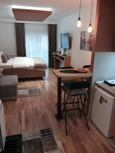 sala de estar con cama y mesa en una habitación en Studio DORA SS, en Stari Banovci