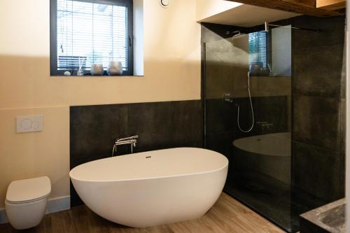 a bathroom with a white bath tub and a toilet at B&B Langeveldemolen in Merchtem