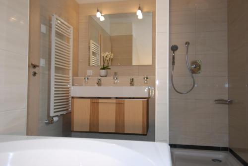 a bathroom with a sink and a shower at Feriendorf Uorsin in Scuol