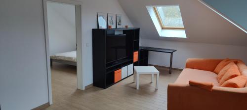 a living room with a couch and a television at Grüne Auszeit Dresden in Dresden