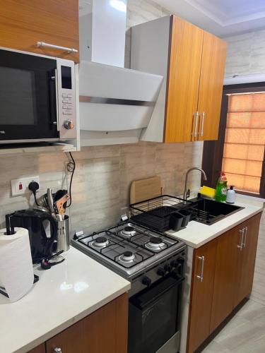 una cocina con estufa y microondas en DSK Residence, en Accra
